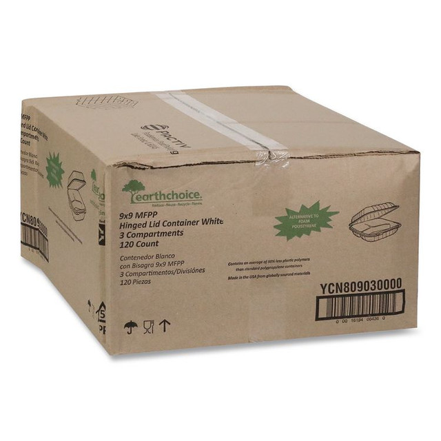 PACTIV EVERGREEN CORPORATION YCN80903 EarthChoice SmartLock Microwavable MFPP Hinged Lid Container, 3 Compartments, 9 x 9 x 3.1, White, Plastic, 120/Carton