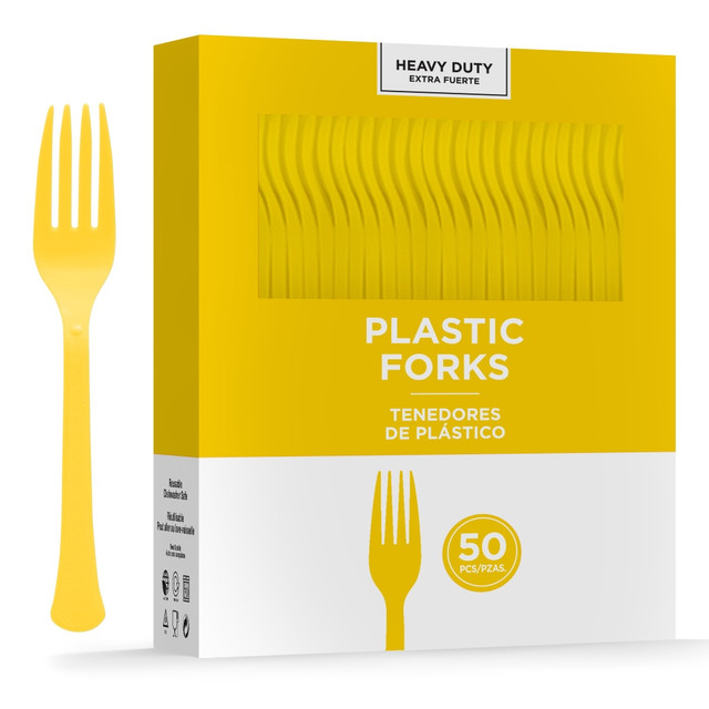 AMSCAN 8017.09  8017 Solid Heavyweight Plastic Forks, Yellow Sunshine, 50 Forks Per Pack, Case Of 3 Packs