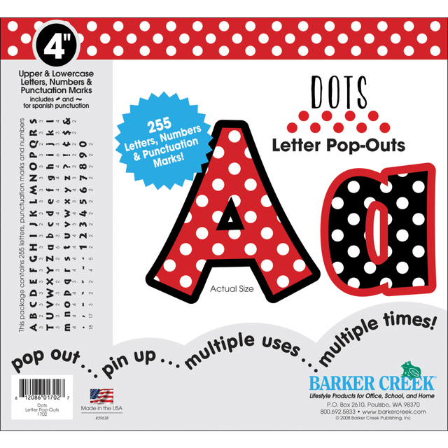 Barker Creek Letter Pop-Outs add a splash of color and creativity to the classroom. They are perfect for decorating bulletin boards, displays and posters.  Includes a well-researched assortment of letters, numbers and punctuation marks. Also includes Spanish punctuation marks.  Recommended for students of all ages.