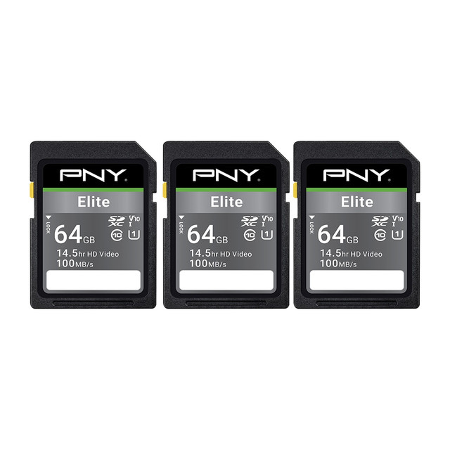 PNY TECHNOLOGIES, INC. P-SD64GX3U1100EL-MP PNY Elite Class 10 U1 V10 100 Mbps SDXC Flash Memory Cards, 64GB, Pack Of 3 Memory Cards PNY TECHNOLOGIES, INC. P-SD64GX3U1100EL-MP PNY Elite Class 10 U1 V10 100 Mbps SDXC Flash Memory Cards, 64GB, Pack Of 3 Memory Cards