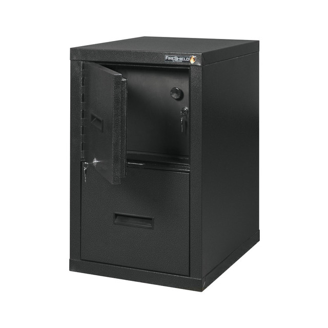 Protect whats important to you with this FireKing vertical file cabinet safe. Organize your letter- and legal-size documents inside the file drawer, and tuck your valuables away inside the integrated safe. Heavy-duty steel construction helps prevent unwanted access, and the fire-resistant design guards against damage in the event of an emergency, so you can worry less about contracts, valuables and other items getting damaged.  Made of heavy-duty steel.  File drawer holds letter/legal file sizes.  1.3 cu ft concealed safe on top with a key lock.  ETL verified for fire resistance up to 1 hour (safe and file drawer), and ETL verified for fire resistance up to 30 minutes (second drawer)  Save time - no assembly required.  FireShield file cabinet/safe (1-drawer) comes in a black stone finish.  This product is heavy and/or oversized and may need more than one person to handle.