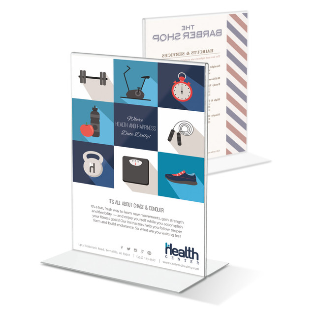 Freestanding signs are ideal for limited space  Stands by itself on any table or desktop.  Holds a variety of literature sizes.  Durable clear acrylic material protects and displays your sign.  Sign conveniently loads from the bottom.