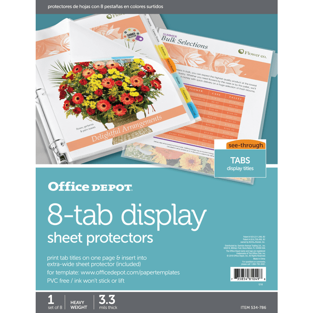 OFFICE DEPOT WOD52097  Brand Tabbed Sheet Protectors, 8-Tab, Assorted Colors