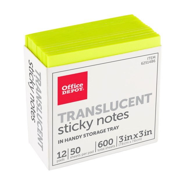 OFFICE DEPOT 21709-12PK  Brand Translucent Sticky Notes, With Storage Tray, 3in x 3in, Yellow, 50 Notes Per Pad, Pack Of 12 Pads