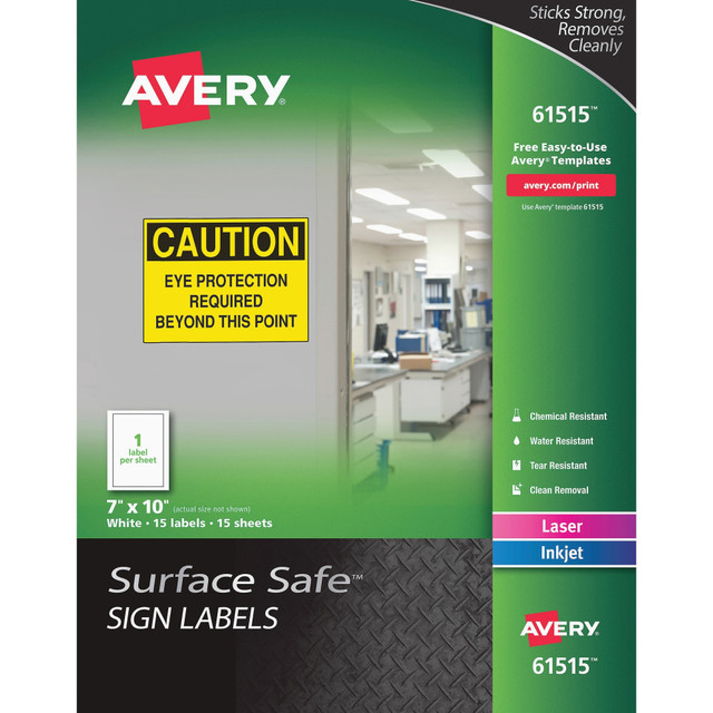 AVERY PRODUCTS CORPORATION AVE61515 Avery Surface Safe Sign Labels, 7in x 10in, Rectangle, Pack Of 15