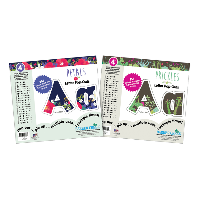 Add these letter and number pop-outs to your bulletin board or poster to make your students excited about their education. The pop-outs are made of sturdy card stock, and the set includes a total of 510 pieces.  Includes 2 packages of 255 pop-outs.  Card stock construction offers durability.  Comes with uppercase and lowercase letters, numbers and punctuation in English and Spanish.