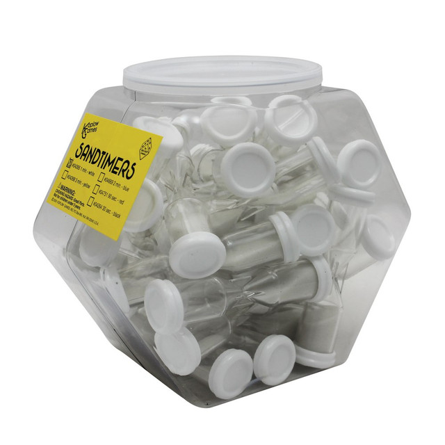 Plastic sand timers are a great classroom tool. Helps teach students general math or use can be used as a game piece.  Plastic timers measure 3 3/4in.  25 sand timers are packed in a plastic hex container with lid.