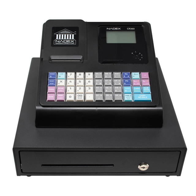 Run your business with ease using a Nadex Coins Thermal-Print Electronic Cash Register. This cash register is ideal for small businesses, with a dynamic 5in LCD operator display and multiple reporting functions and connection capabilities.  Boasts a 5in LCD operator display and an 8-digit customer display.  Quick 2-1/4in thermal printing.  Easily adds graphics to receipts.  Supports 4700 PLUS, 50 departments and 50 cashiers.  Creates an electronic journal and Financial, Departmental, PLU, Cashier, Hourly, Period and Refund reports.  Serial port allows connection to a barcode scanner, kitchen printer, scale and PC programming.  Includes a cash drawer, serial cable and power cable.