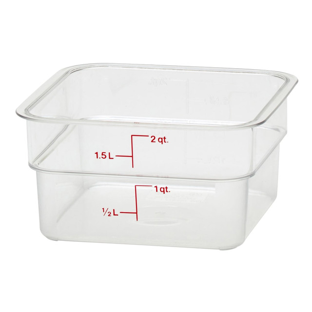 Organize ingredients and bulk foods like flour, sugar, cereal and more in Cambro Camwear 2-Quart CamSquare Storage Containers. Included graduations are ideal for quick and precise measurements.  Made from break-resistant Camwear polycarbonate.  Resistant to stains, acid and odors.  Withstands temperatures from -40 deg.F to 210 deg.F.  Includes gradations for precise measurements.  Stacking design helps save space.  Dishwasher safe.  NSF listed.  Backed by the manufacturer's 2-year limited warranty.