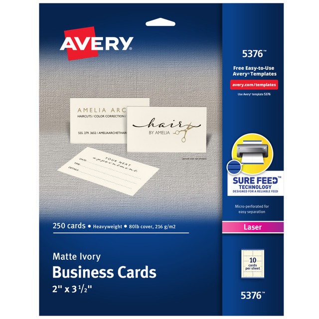 AVERY PRODUCTS CORPORATION 5376 Avery Printable Business Cards With Sure Feed Technology For Laser Printers, 2in x 3.5in, Ivory, 250 Blank Cards AVERY PRODUCTS CORPORATION 5376 Avery Printable Business Cards With Sure Feed Technology For Laser Printers, 2in x 3.5in, Ivory, 250 Blank Cards