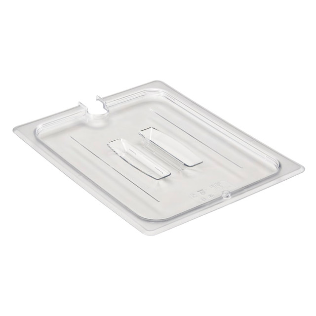 Keep food fresh from the freezer to the oven using Cambro Camwear 1/2 H-Pan Notched Food Pan Lids With Handles. Each lid can withstand high temperatures and breakage.  Compatible with Cambro food pans (sold separately).  Made from break-resistant Camwear polycarbonate.  Stain- and odor-resistant.  Handle allows for quick removal.  Withstands temperatures from -40 deg.F to 375 deg.F.  Dishwasher safe.  NSF listed.