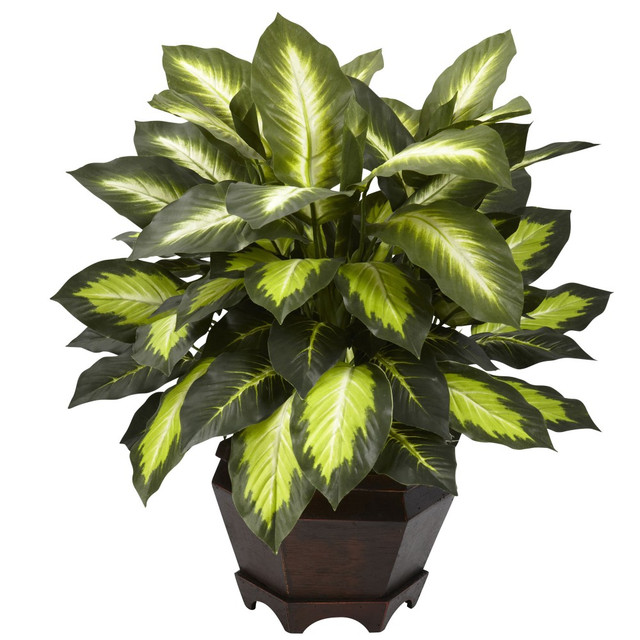 NEARLY NATURAL INC. 6720 Nearly Natural 22inH Silk Triple Golden Dieffenbachia With Wood Vase, Green