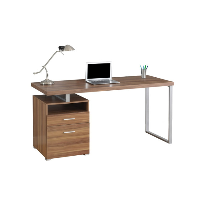 MONARCH PRODUCTS Monarch Specialties I 7146  Contemporary 60inW Computer Desk With 2-Drawers And Open Shelf, Walnut/Silver