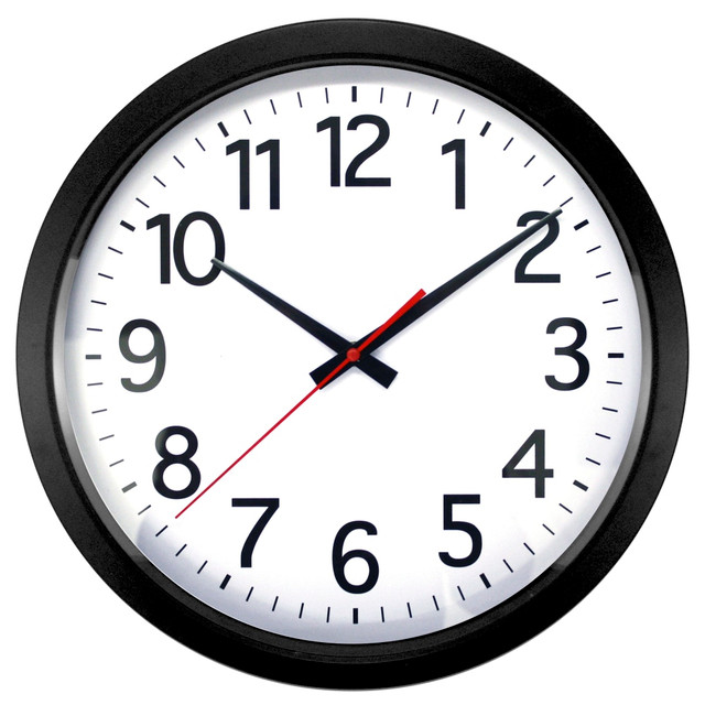 A large, stylish clock in your office makes it easy to keep track of time - especially during a busy day. The Realspace quartz wall clock measures 14in in diameter and boasts a modern black color that will match virtually any office decor.  Large, easy-to-read analog dial, even from across the room.  Durable construction.  Hard plastic case is built to last.  Quartz movement.  Maintains timekeeping accuracy.  Requires 1 AA battery.  Batteries are sold separately.  Quartz wall clock measures 14in and has a black finish.
