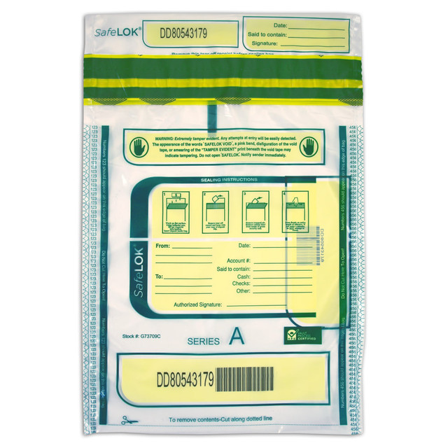 Tamper-evident construction helps to guard the integrity of important contents  Bags secure bank deposits and are built to withstand the impact of the night depository drop.  Durable co-extruded film is water and tear-resistant and completely recyclable where facilities exist.  "VOID" message appears in the sealing mechanism when exposed to cold temperatures or chemicals.  Self-sealing adhesive closure is easy to use and has security features that exceed bank requirements for levels of tampering evidence at temperatures ranging from -60F to 160F. Information can be written directly on bag in yellow shaded areas.  Specially formulated thermochromic ink turns red when exposed to heat.  Alphanumerical numbering, bar code and receipt create a permanent audit trail.