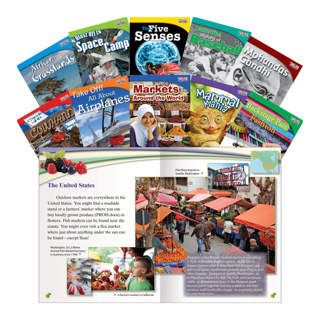 Build your classrooms library and add supplemental reading material to your curriculum with this book set. Kids will love the high-interest subject materials, which include concepts and themes ranging from math and science to social studies.  Each set includes a wide range of topics that provide kids with interesting material while building their reading skills.  Colorful images grab attention and help draw students in.  Designed to meet Common Core standards.  Designed for students in third grade.  Set of 10 books provides your classroom library with an instant boost. Titles include A Day in the Life of a Cowhand, Markets Around the World, Take Off! All About Airplanes, Mammal Mania, Backstage Pass: Fashion, African Grasslands, Blast Off to Space Camp, The Five Senses, Batter Up!: History of Baseball and Mohandas Gandhi.