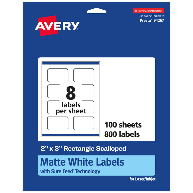 AVERY PRODUCTS CORPORATION 94267-WMP100 Avery Permanent Labels With Sure Feed, 94267-WMP100, Rectangle Scalloped, 2in x 3in, White, Pack Of 800 AVERY PRODUCTS CORPORATION 94267-WMP100 Avery Permanent Labels With Sure Feed, 94267-WMP100, Rectangle Scalloped, 2in x 3in, White, Pack Of 800