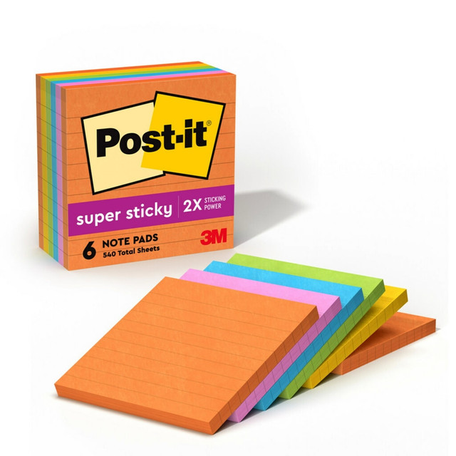 3M CO 675-6SSUC Post-it Super Sticky Notes, 6 Pads, 4 in x 4 in, 2x the Sticking Power, School Supplies and Office Products, Sticky Notes for Vertical Surfaces, Monitors, Walls and Windows, Energy Boost Collection, Lined