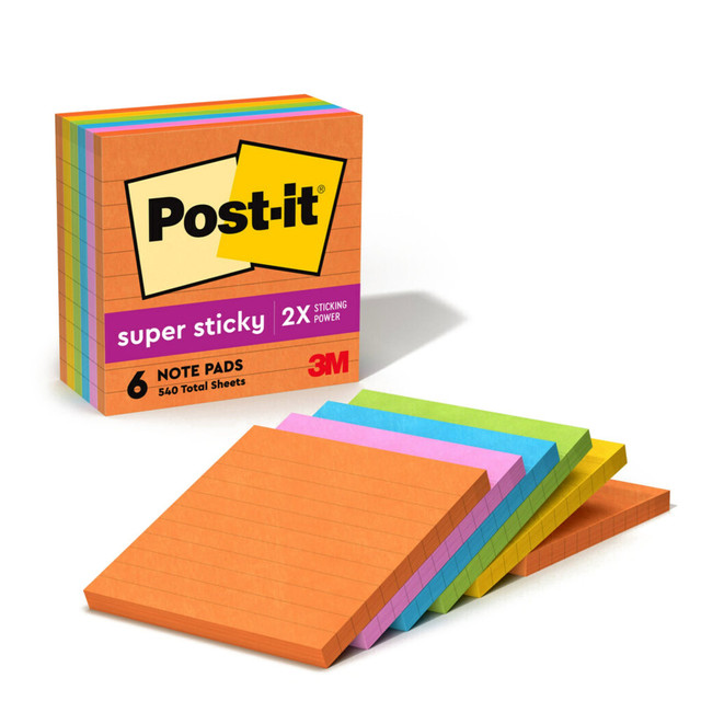 3M CO Post-it 675-6SSUC  Super Sticky Notes, 4 in x 4 in, 6 Pads, 90 Sheets/Pad, 2x the Sticking Power, Energy Boost Collection, Lined