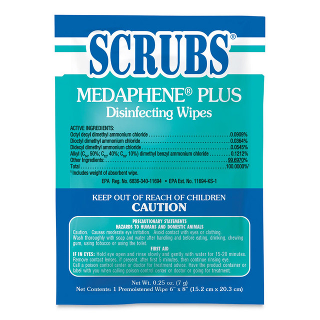 ITW PRO BRANDS SCRUBS® 96301 MEDAPHENE Plus Disinfectant Wet Wipes, 1-Ply, 6 x 8, Citrus, White, Individual Foil Packets, 100/Carton