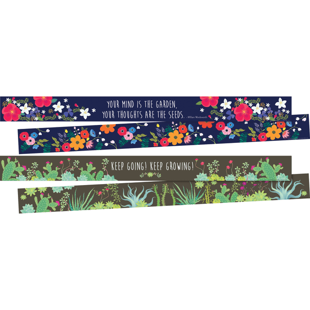 Great for classrooms, break rooms, reception areas, hallways, and more!  Set includes 24 strips that measure 3in x 35in for a total of 70ft of border!  This beautiful trim is double-sided to allow different looks for different days.  Two packages in set.  Each package includes 12 strips that measure 3in wide by 35in long  Helps you frame doors and windows or surround bulletin boards to add a decorative touch.  Border is printed on both sides  Printed on durable 10pt card stock  Great for offices, classrooms, and party spaces  Each border is printed on both sides for twice the decorating punch  Strips measure 3in x 35in, 12 strips per pack  Total of 70 feet of border in set -- 35 feet each of 2 double-sided designs