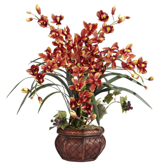 NEARLY NATURAL INC. 1245-BR Nearly Natural 30inH Silk Cymbidium Arrangement With Decorative Pot, Burgundy