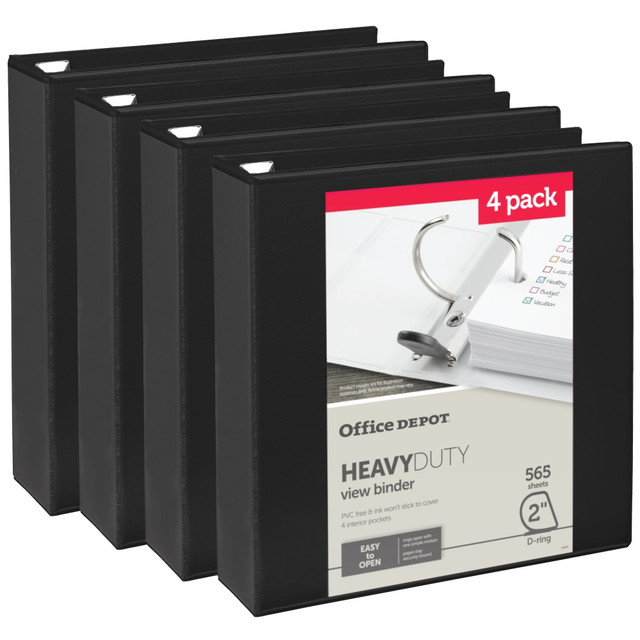 OFFICE DEPOT OD03144 Heavy-Duty View 3-Ring Binder, 2in D-Rings, Black, 49% Recycled, Pack Of 4 OFFICE DEPOT OD03144 Heavy-Duty View 3-Ring Binder, 2in D-Rings, Black, 49% Recycled, Pack Of 4