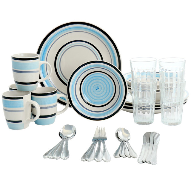 GIBSON OVERSEAS INC. Gibson 995117539M  All U Need 32-Piece Ceramic Dinnerware Combo Set, Blue Stripes