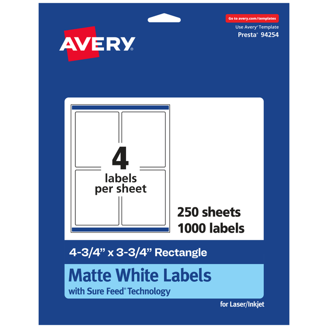 AVERY PRODUCTS CORPORATION 94254-WMP250 Avery Permanent Labels With Sure Feed, 94254-WMP250, Rectangle, 4-3/4in x 3-3/4in, White, Pack Of 1,000 AVERY PRODUCTS CORPORATION 94254-WMP250 Avery Permanent Labels With Sure Feed, 94254-WMP250, Rectangle, 4-3/4in x 3-3/4in, White, Pack Of 1,000