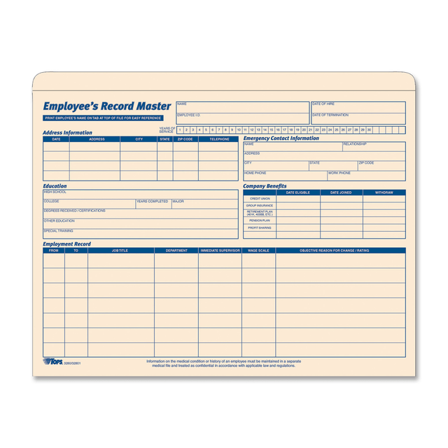 TOPS BUSINESS FORMS 32801 TOPS Employee Record Master File Jackets, 11 3/4in x 9 1/2in, Manila, Pack Of 15 TOPS BUSINESS FORMS 32801 TOPS Employee Record Master File Jackets, 11 3/4in x 9 1/2in, Manila, Pack Of 15