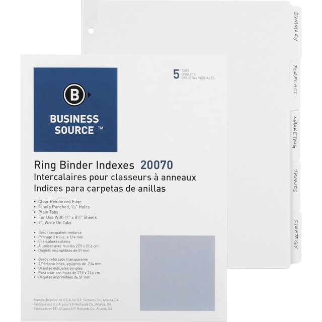 SP RICHARDS 20070 Business Source 3-Ring Plain Tab Indexes - 5 Write-on Tab(s)2in Tab Width - 8.5in Divider Width x 11in Divider Length - Letter - 3 Hole Punched - White Divider - 100 / Box SP RICHARDS 20070 Business Source 3-Ring Plain Tab Indexes - 5 Write-on Tab(s)2in Tab Width - 8.5in Divider Width x 11in Divider Length - Letter - 3 Hole Punched - White Divider - 100 / Box