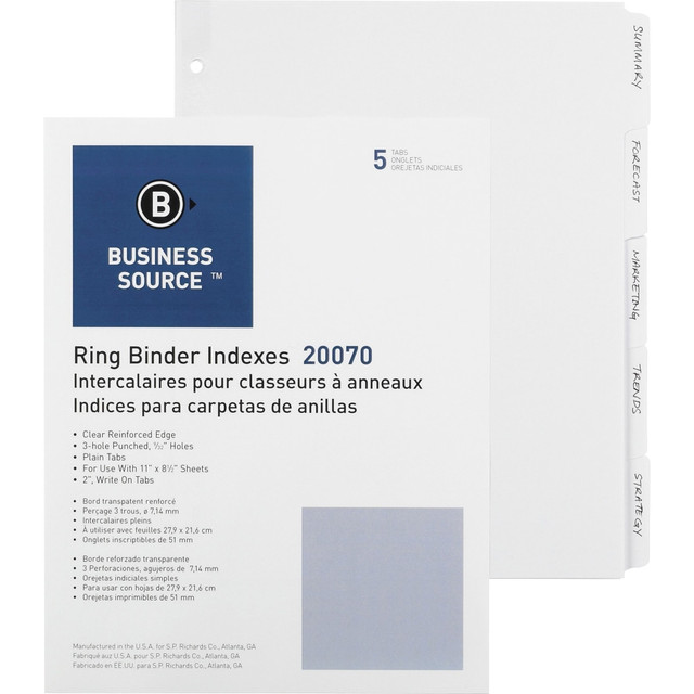 SP RICHARDS Business Source 20070  3-Ring Plain Tab Indexes - 5 Write-on Tab(s)2in Tab Width - 8.5in Divider Width x 11in Divider Length - Letter - 3 Hole Punched - White Divider - 100 / Box