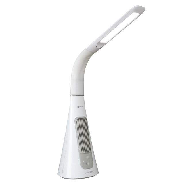 Sanitize your workspace while brightening it with this OttLite Wellness Series SanitizingPro LED Desk Lamp. This table lamp offers 3 different sanitizing techniques for a more hygienic office.  ClearSun LEDs help reduce glare and eyestrain for a comfortable workspace.  SpectraClean LED technology minimizes bacteria on high-touch surfaces.  UVC LEDs reduce bacteria and viruses.  Air purifier with HEPA filter traps airborne contaminants.  Touch controls enable easy use.  Assembly required.  Energy efficient - designed to use less energy than alternative products, potentially helping you save money and reduce your carbon footprint.