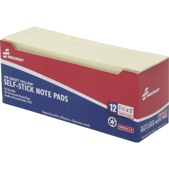 NATIONAL INDUSTRIES FOR THE BLIND 7530-01-116-7866 SKILCRAFT Self-Stick Notes, 1200 Total Notes, Pack Of 12 Pads, 1-1/2in x 2in, Yellow, 100 Notes Per Pad