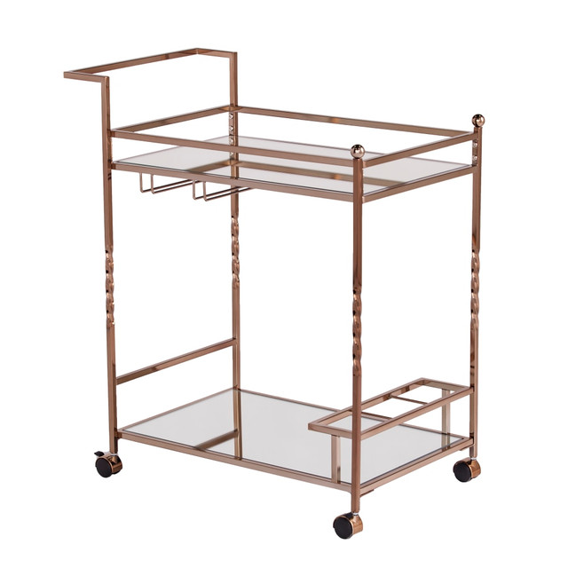 SOUTHERN ENTERPRISES, INC. HZ3585 SEI Furniture Ivers 2-Shelf Mirrored Bar Cart, With Bottle Holders And Stemware Racks, 31-1/2inH x 29inW x 15-3/4inD, Champagne