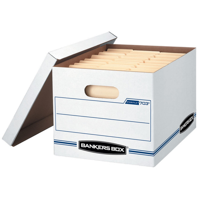 FELLOWES INC. 0070333 Bankers Box Stor/File Standard-Duty Storage Boxes With Lift-Off Lids, Letter/Legal Size, 10in x 12in x 15in, 60% Recycled, White/Blue, Case Of 20