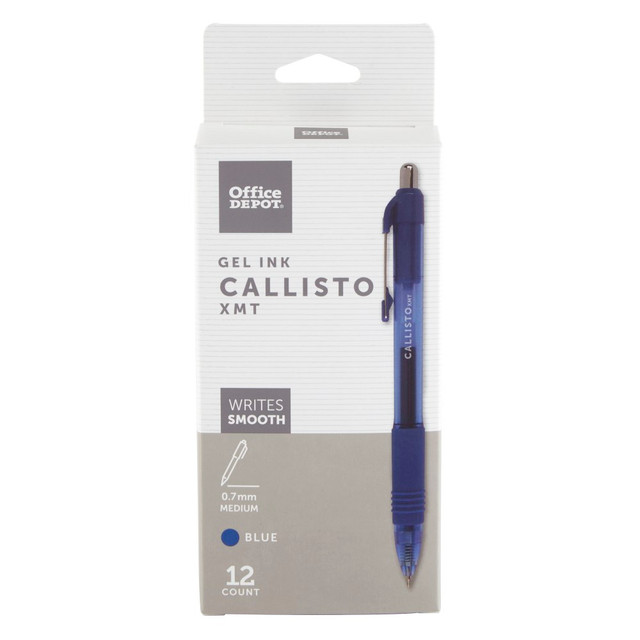 OFFICE DEPOT AH806-12-BL-0.7MM  Brand Callisto Retractable Gel Ink Pens, Medium Point, 0.7 mm, Transparent Blue Barrel, Blue Ink, Pack Of 12 Pens