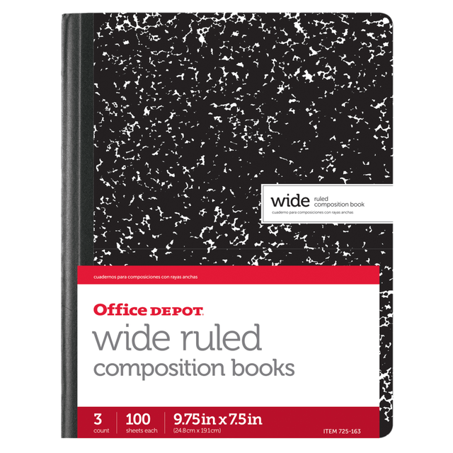 OFFICE DEPOT CJV01414  Brand Marble Composition Book, 7 1/2in x 9 3/4in, Wide Ruled, 100 Sheets, Black/White, Pack of 3