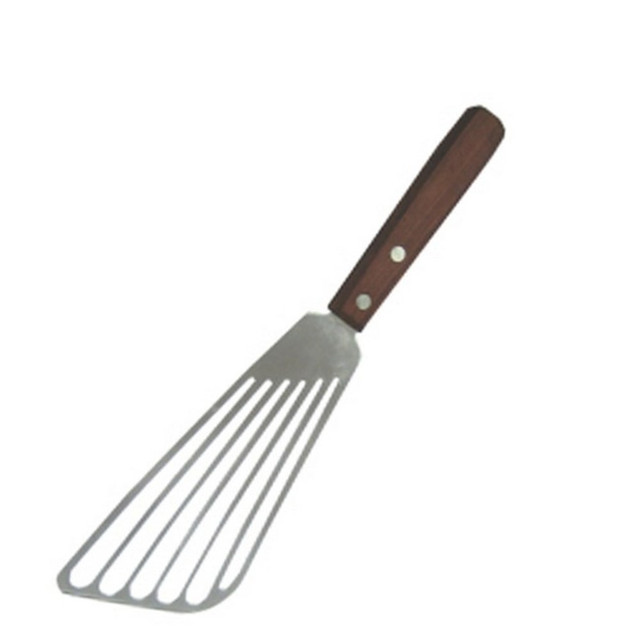 Designed to help you flip cod, haddock, salmon and more, this fish spatula features open slots to allow drainage. The wooden handle offers a sure hold.  Slotted to allow grease and sauces to drain.  Wooden handle keeps your hand from the heat.  Metal blade withstands grill and stovetop temperatures.