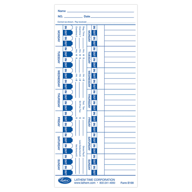 LATHEM TIME CORPORATION Lathem E100  Time Cards For Electronic Side-Print Time Clocks, Weekly, 1-Sided, 4in x 9in, Box Of 100