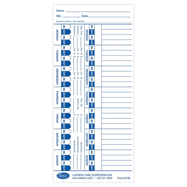 LATHEM TIME CORPORATION E100 Lathem Time Cards For Electronic Side-Print Time Clocks, Weekly, 1-Sided, 4in x 9in, Box Of 100