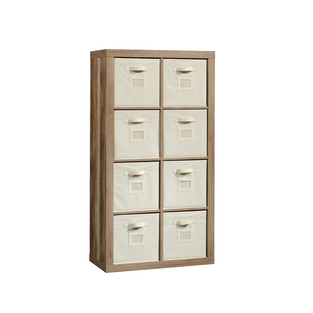 SAUDER WOODWORKING CO. 421965 Sauder Stow-Away 8-Cube Organizer With Fabric Bins, 57-7/8inH x 30-7/8inW x 15-3/8inD, Lintel Oak SAUDER WOODWORKING CO. 421965 Sauder Stow-Away 8-Cube Organizer With Fabric Bins, 57-7/8inH x 30-7/8inW x 15-3/8inD, Lintel Oak