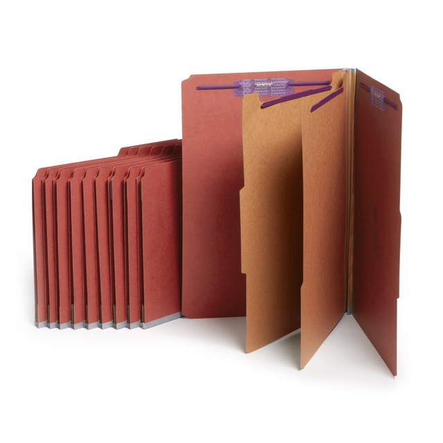 Minimize the time you spend searching for documents and increase the efficiency of your filing system. Smeads Pressboard Classification File Folders with SafeSHIELD Fasteners make it easy to organize your critical information by providing 4, 6, 8 different filing surfaces that can be used to separate your documents in subcategories and keep them in proper sequence. Purposefully designed to provide a solution for the most common fastener issues, our Pressboard Classification File Folders feature SafeSHIELD Coated Fasteners that help you avoid hand injuries, ripped papers and excessive fastener crinkling. The 2/5-cut tab in right of center position is compatible with our Viewables Multipurpose Labels (64915 - sold separately) and the 2in expanding spine made of tear resistant material offers greater storage capacity for bulky projects.  Includes 10 partition folders with patented SafeSHIELD coated fasteners that prevent finger cuts, eliminate paper tears and reduce excessive fastener crinkling.  Each top tab file folder has sturdy dividers and separate filing surfaces for organizing important documents, ensuring they are secure, protected and easy to access for maximum efficiency.  Durable and long-lasting, these heavy-duty project files feature a tear resistant expanding spine for greater storage capacity and are the ideal choice for bulky files that get plenty of use.  A 2/5-cut tab in right of center position makes them perfect to use with drawer filing systems for easier and faster filing.  Compatible with Viewables Multipurpose Labels (64915), sold separately.  These 25 pt. heavy pressboard file folders are SFI Sourcing Certified.  Smead pressboard classification folder with SafeSHIELD fastener is made of sturdy 25 pt. pressboard stock with matching color tear resistant tape.  Organize your important documents with these legal-size, 8 1/2in x 14in, folders with 2in expansion and 2 dividers.  SFI Certified Fiber Sourcing.  Contains Recycled Content - See Specs for Details.