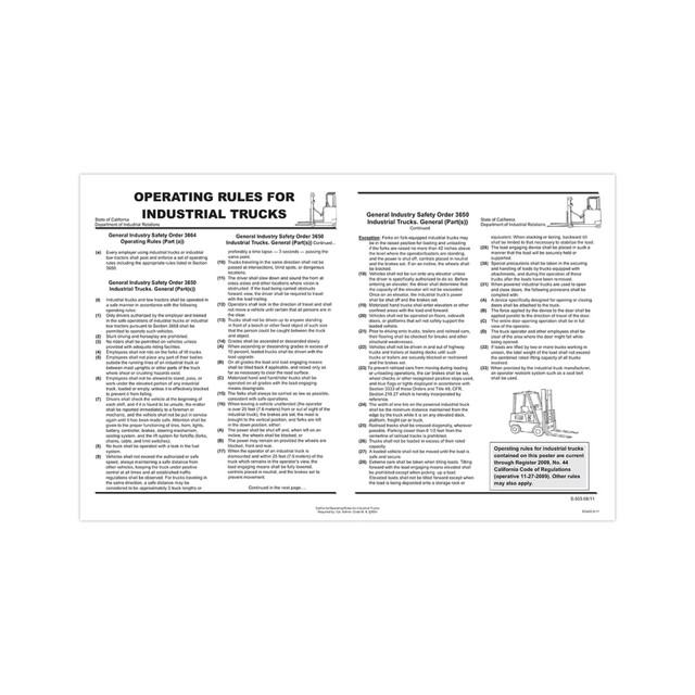 TAX FORMS PRINTING, INC. ECA2O ComplyRight State Specialty Poster, Operating Rules For Industrial Trucks, English, California, 11in x 17in