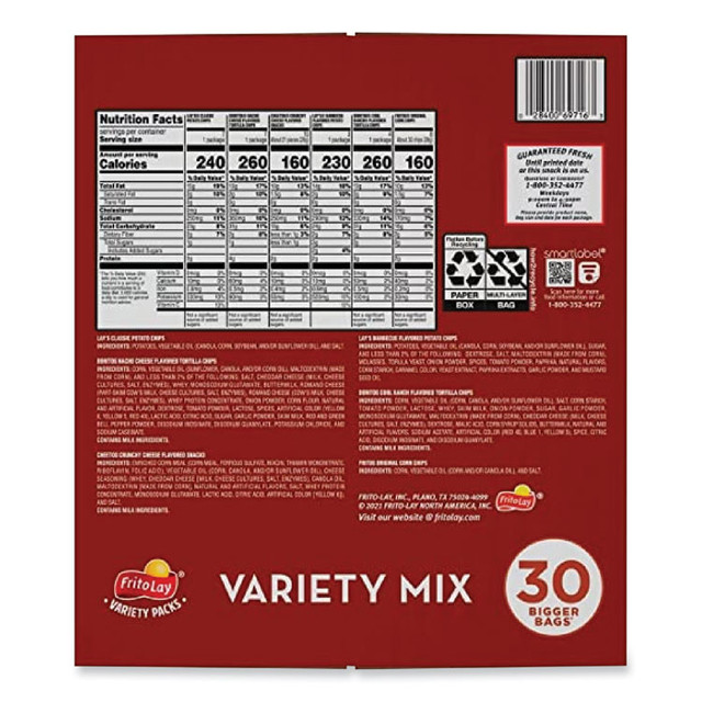 FRITO-LAY, INC. 70227 Classic Variety Mix, Assorted, 30 Bags/Box