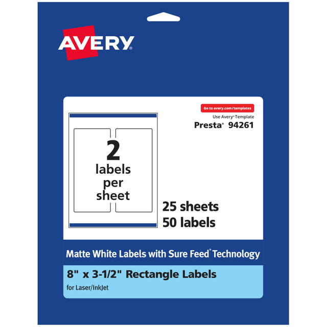 AVERY PRODUCTS CORPORATION 94261-WMP25 Avery Permanent Labels With Sure Feed, 94261-WMP25, Rectangle, 8in x 3-1/2in, White, Pack Of 50 AVERY PRODUCTS CORPORATION 94261-WMP25 Avery Permanent Labels With Sure Feed, 94261-WMP25, Rectangle, 8in x 3-1/2in, White, Pack Of 50