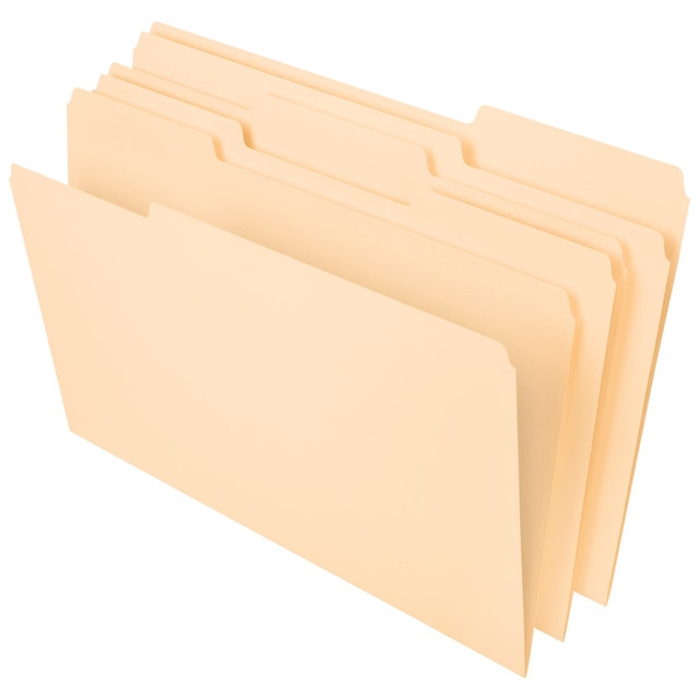 Get ample room for labeling with these Office Depot manila tab-cut file folders. The sturdy manila construction easily withstands frequent handling, keeping your documents safe, and the generous top tab offers plenty of space for handwriting or labels. These folders fit easily into standard hanging files and cabinets. Featuring a 1/4-inch scored bottom, these Office Depot manila tab-cut file folders provide room for multiple documents.  Tabbed manila folders are scored for 3/4in expansion.  Tab-cut file folders are made of manila stock for frequent handling.  Standard file folders fit in most file cabinets.  Legal size with 1/3 tab cut for labels.  Pack of 100 manila file folders.