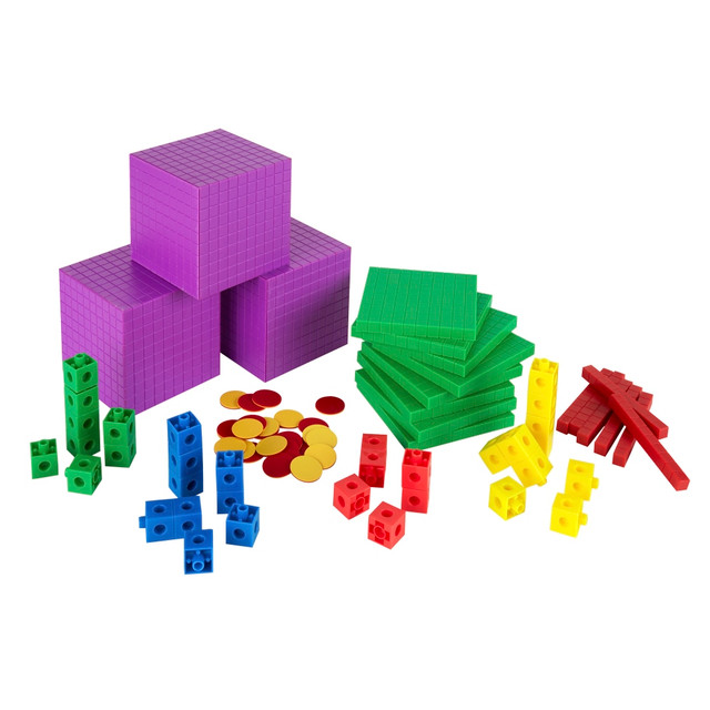 Inspire a love of learning in your students using this Office Depot Brand Math Manipulative Kit. Create a variety of hands-on math activities that students can work on alone or in a group setting. This kit meets the Common Core standards for elementary math.  Comes with 600 ones blocks (green, blue, yellow and red), 40 tens rods (red), 30 hundreds flats (green), 3 thousands cubes (purple), 200 double-colored counters (yellow and red) and instructions.  Math manipulatives are designed to encourage collaborative learning or solitary work.  Ideal for hands-on math activities.  Meets Common Core standards for math.  Contains small parts. Not for children under 3 years of age.