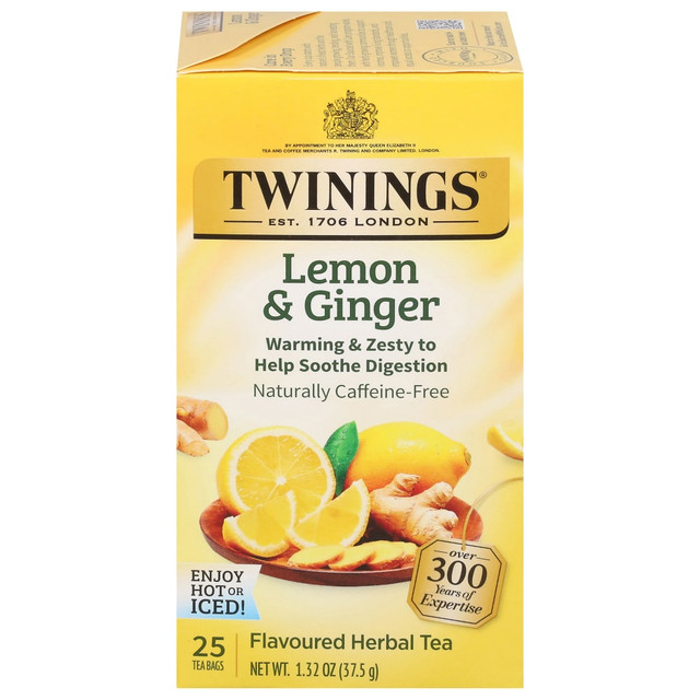 A comforting herbal tea K-Cup made with spicy ginger & tangy lemon.  Natural lemon & ginger flavours with other natural flavours  Ginger Root, Natural Lemon & Ginger Flavours with Other Natural Flavours, Lemon Grass, Linden, Lemon Peel, Blackberry Leaves, Citric Acid  Caffeine free.  Contains 25 bags per box.  High-quality tea with superior taste and aroma  Tea bags are individually enveloped for freshness  Pour freshly boiled water over teabag and allow to brew for 3-5 minutes or until desired strength  Tea contains zero calories, sugar, fat, or carbohydrates  A comforting herbal tea made with spicy ginger & tangy lemon. Caffeine free. Contains 25 bags per box.  Certified Kosher.