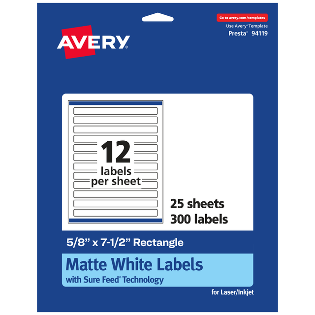 AVERY PRODUCTS CORPORATION 94119-WMP25 Avery Permanent Labels With Sure Feed, 94119-WMP25, Rectangle, 5/8in x 7-1/2in, White, Pack Of 300 AVERY PRODUCTS CORPORATION 94119-WMP25 Avery Permanent Labels With Sure Feed, 94119-WMP25, Rectangle, 5/8in x 7-1/2in, White, Pack Of 300